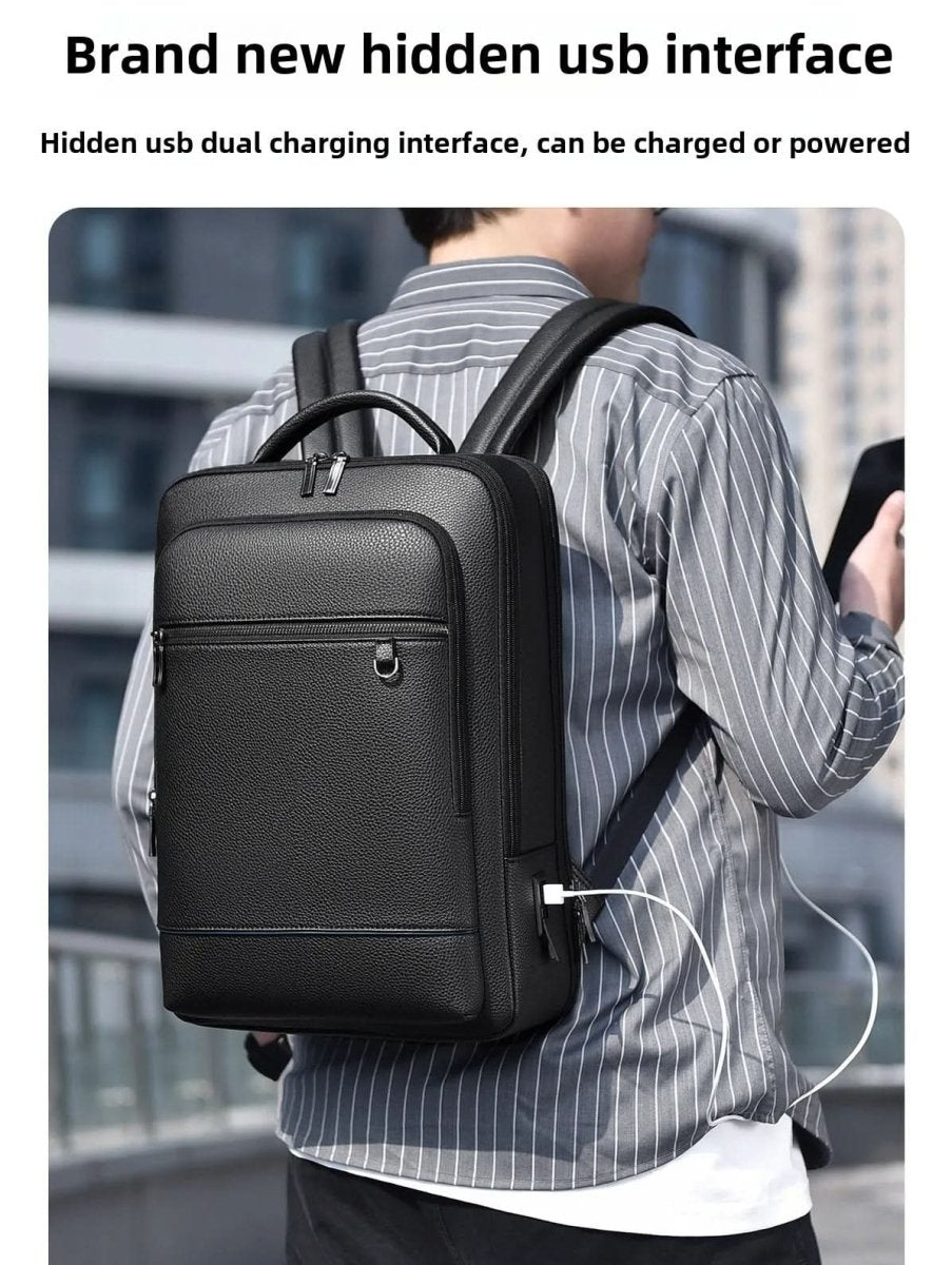 Stylish Leather Backpack with USB Port, 15.6 Inch, Black