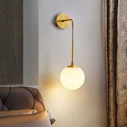 Simple White Glass Bedroom Wall Lamp in Brass