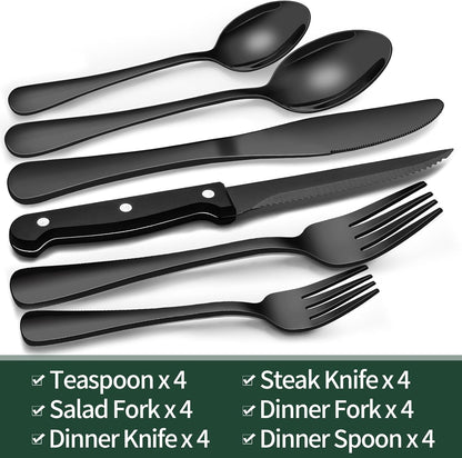 Premium 24pc Black Stainless Steel Flatware Set