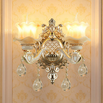 Elegant White Glass Wall Sconce with Crystal Drops
