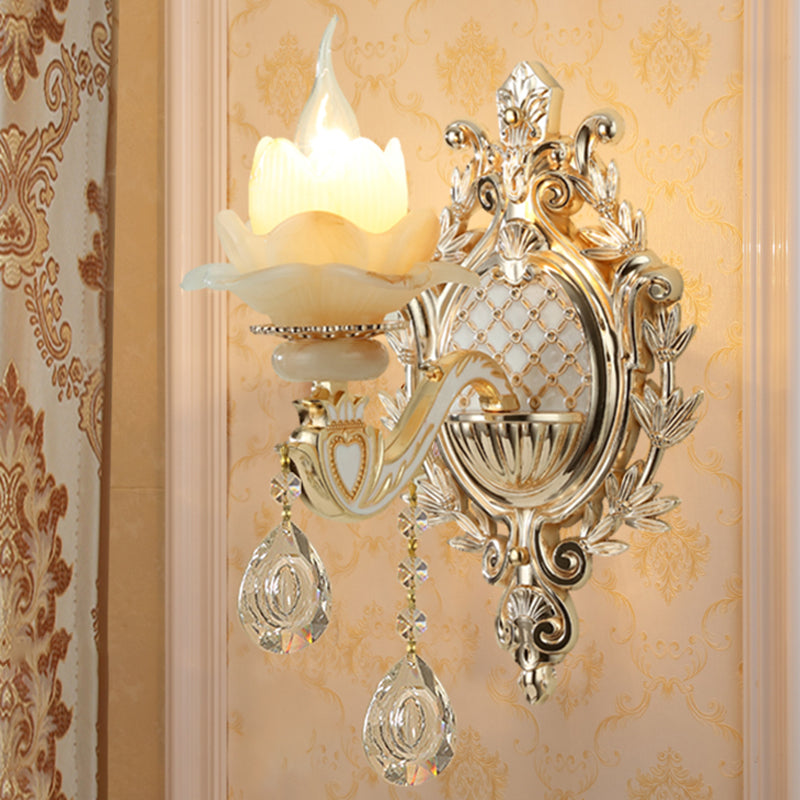 Elegant White Glass Wall Sconce with Crystal Drops - Cofik