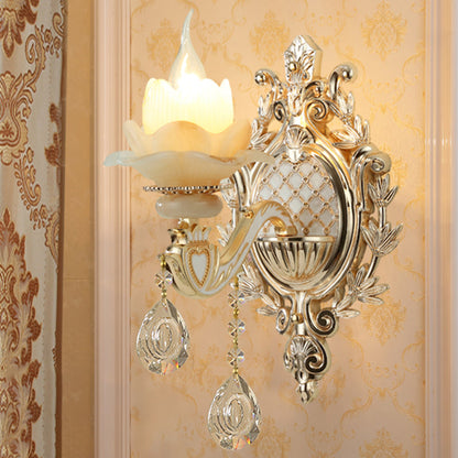 Elegant White Glass Wall Sconce with Crystal Drops - Cofik