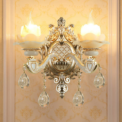 Elegant White Glass Wall Sconce with Crystal Drops