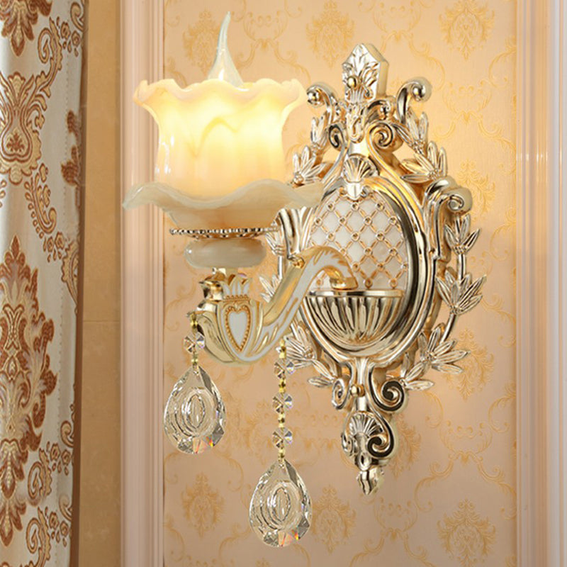 Elegant White Glass Wall Sconce with Crystal Drops