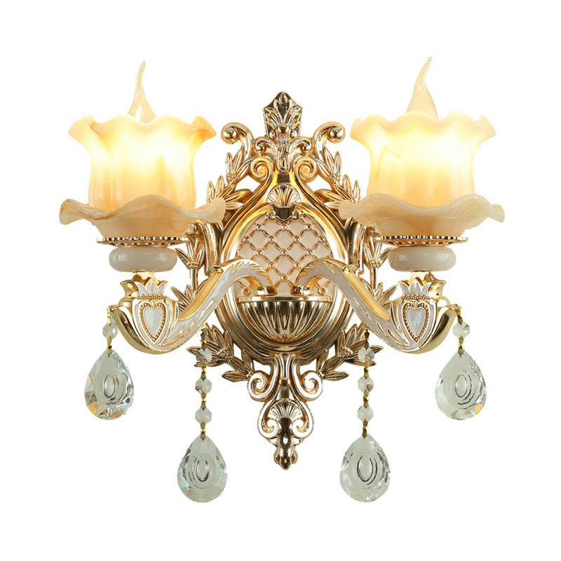 Elegant White Glass Wall Sconce with Crystal Drops
