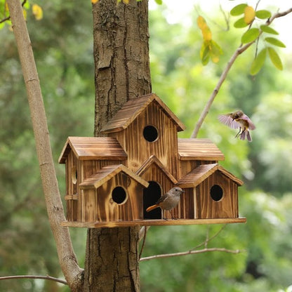 Natural Wood Bird Feeder with 6 Compartments