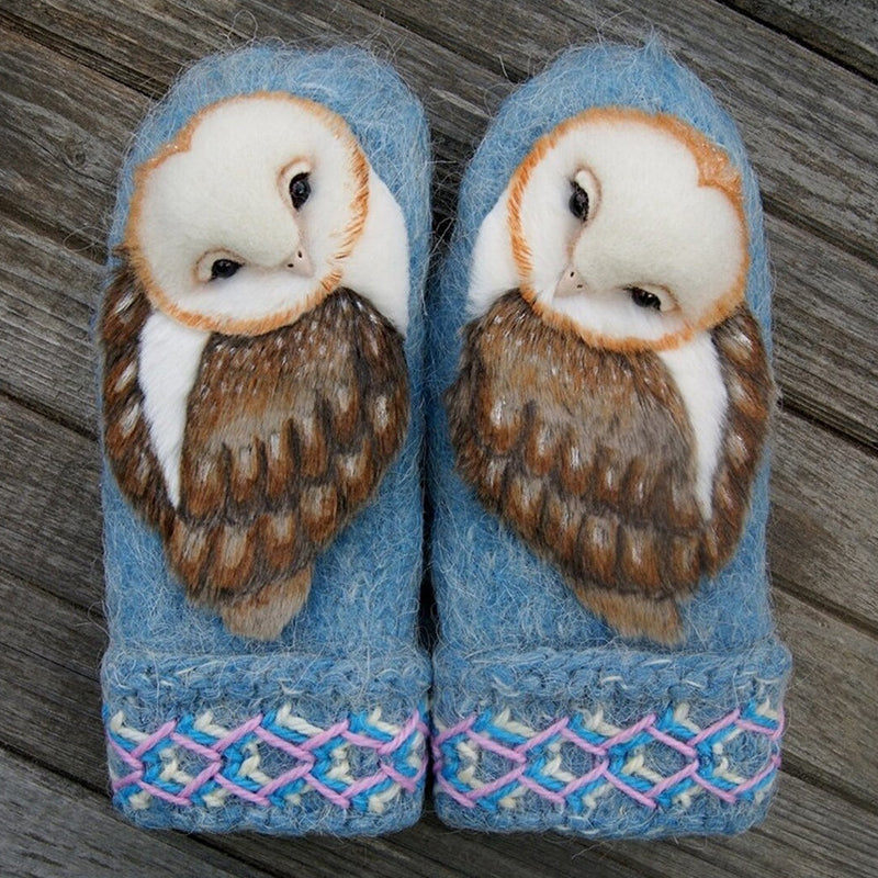 Warm Woolen Winter Mittens with Owl Design