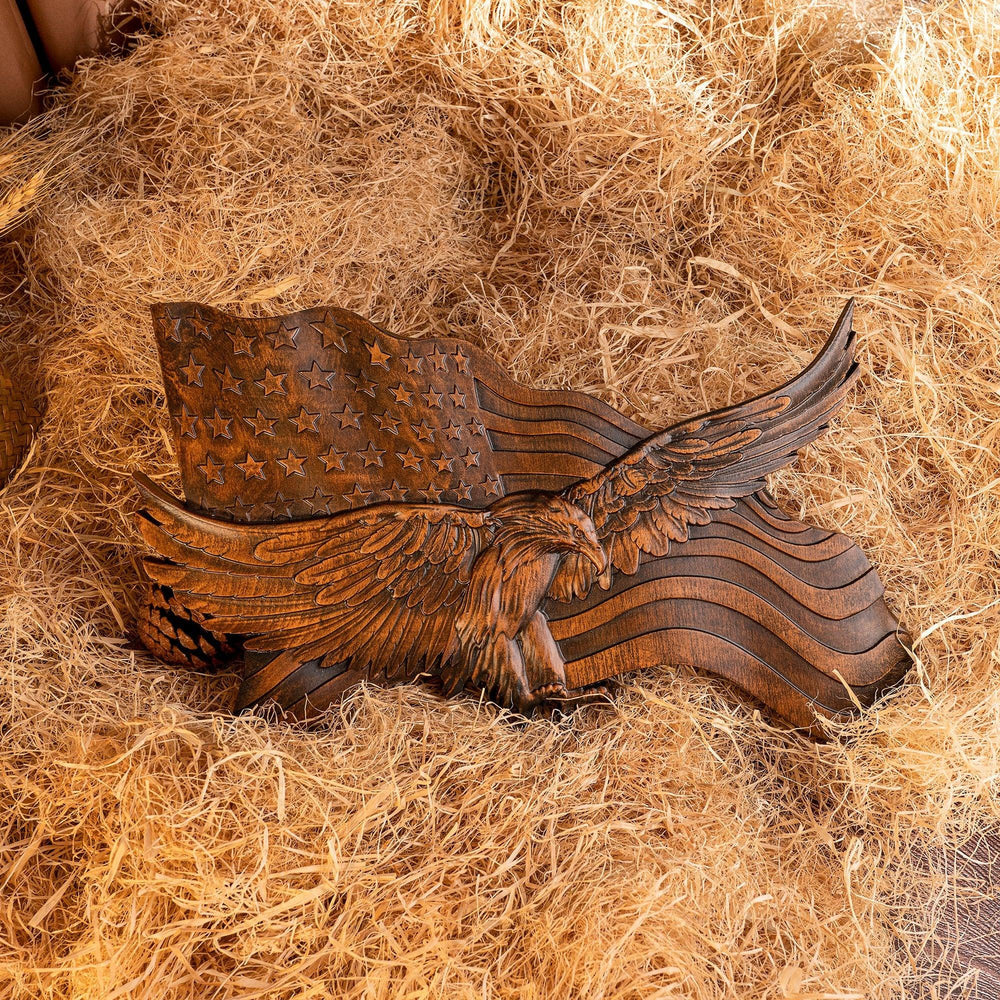 USA Flag Wooden Wall Decor Handcrafted Eagle Emblem - Cofik