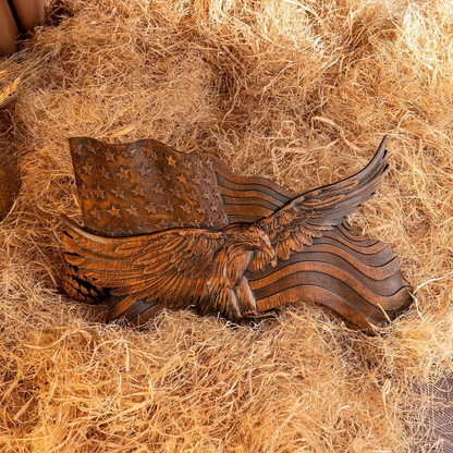 USA Flag Wooden Wall Decor Handcrafted Eagle Emblem - Cofik