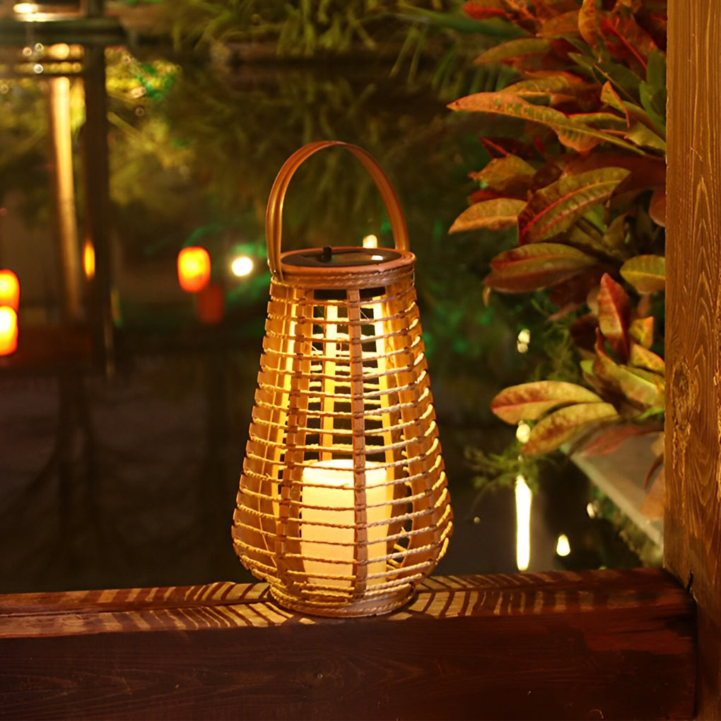 Outdoor Solar Powered Lanterns Waterproof Rattan Brown Lights