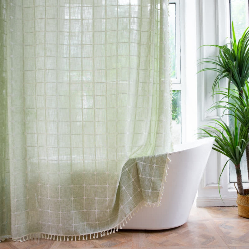 Colorful Checkered Shower Curtain with Tassels Waterproof Bathroom