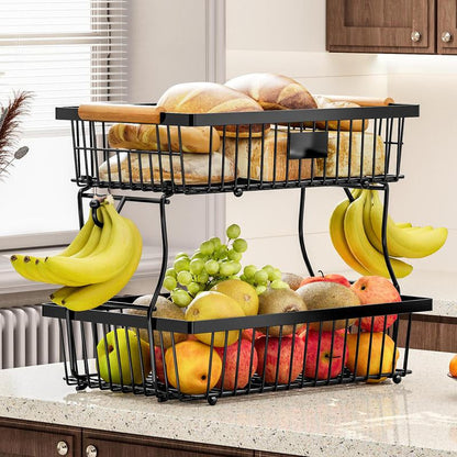 Space Saving 2 Tier Metal Fruit Stand with Hanging Hooks