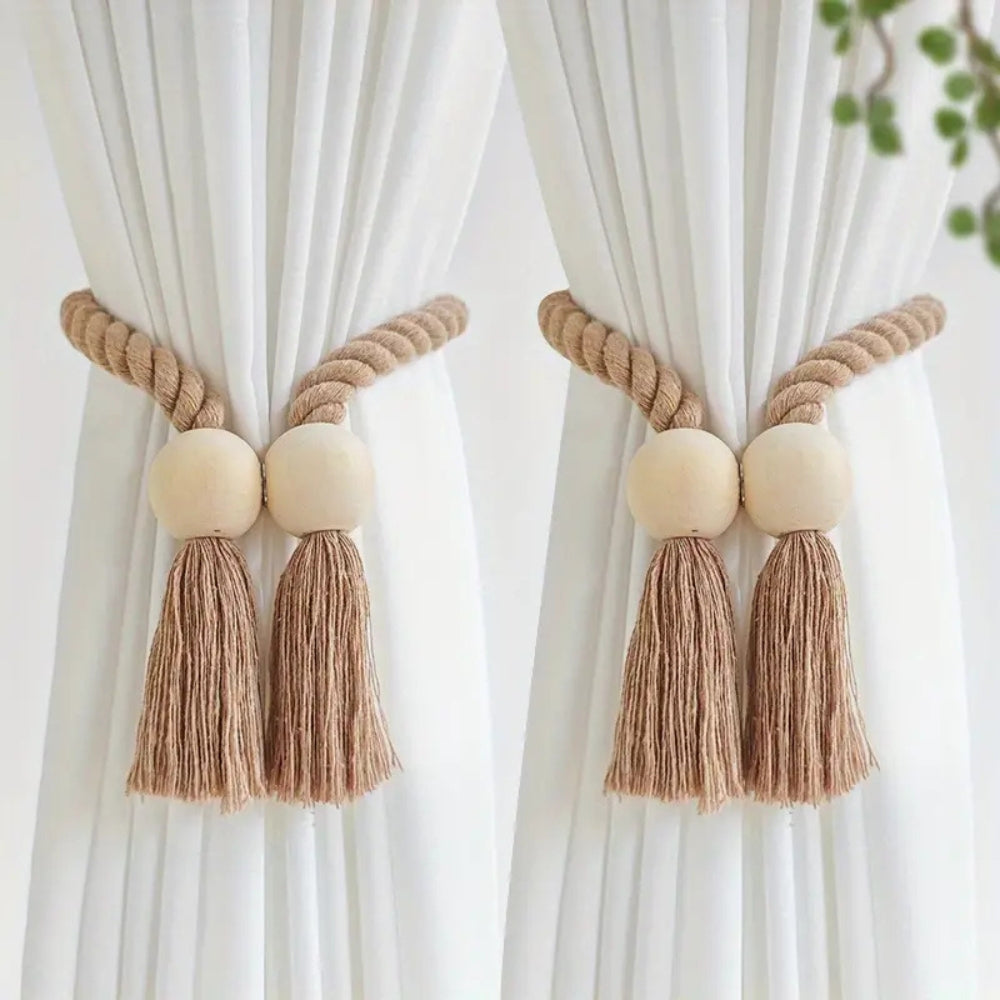 Natural Wooden Tassel Curtain Holders (Pair) - Cofik