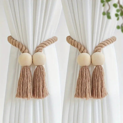 Natural Wooden Tassel Curtain Holders (Pair) - Cofik
