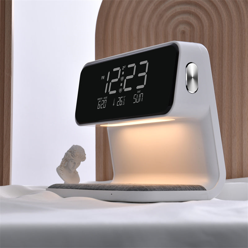 Compact Bedside Lamp with Wireless Charging & Alarm Clock