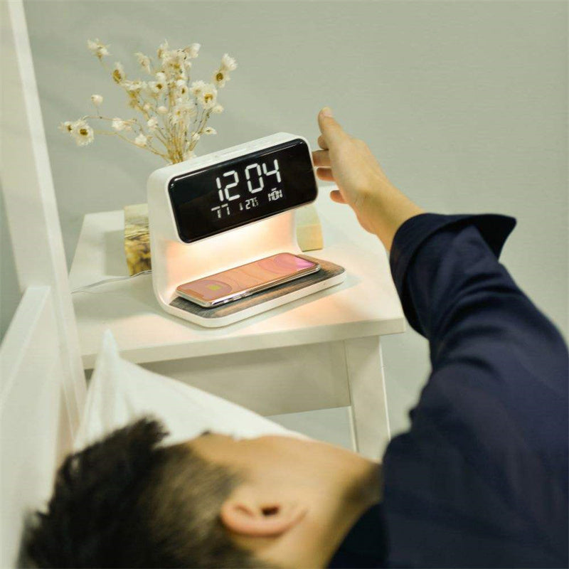 Compact Bedside Lamp with Wireless Charging & Alarm Clock