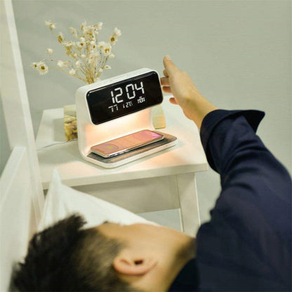 Compact Bedside Lamp with Wireless Charging & Alarm Clock