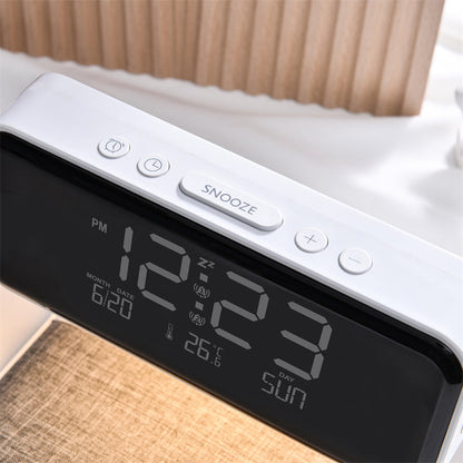 Compact Bedside Lamp with Wireless Charging & Alarm Clock