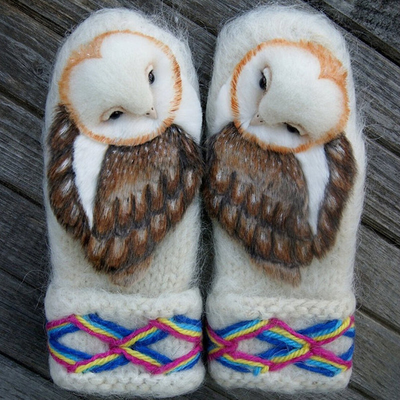 Warm Woolen Winter Mittens with Owl Design - Cofik