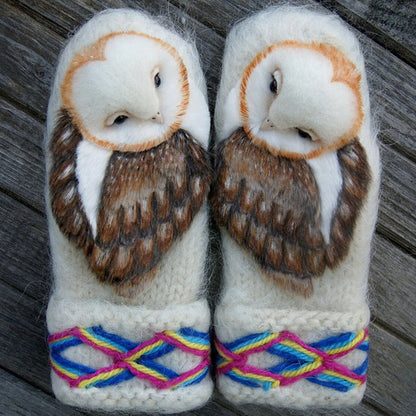 Warm Woolen Winter Mittens with Owl Design - Cofik