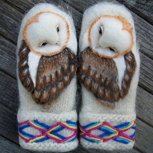 Warm Woolen Winter Mittens with Owl Design - Cofik