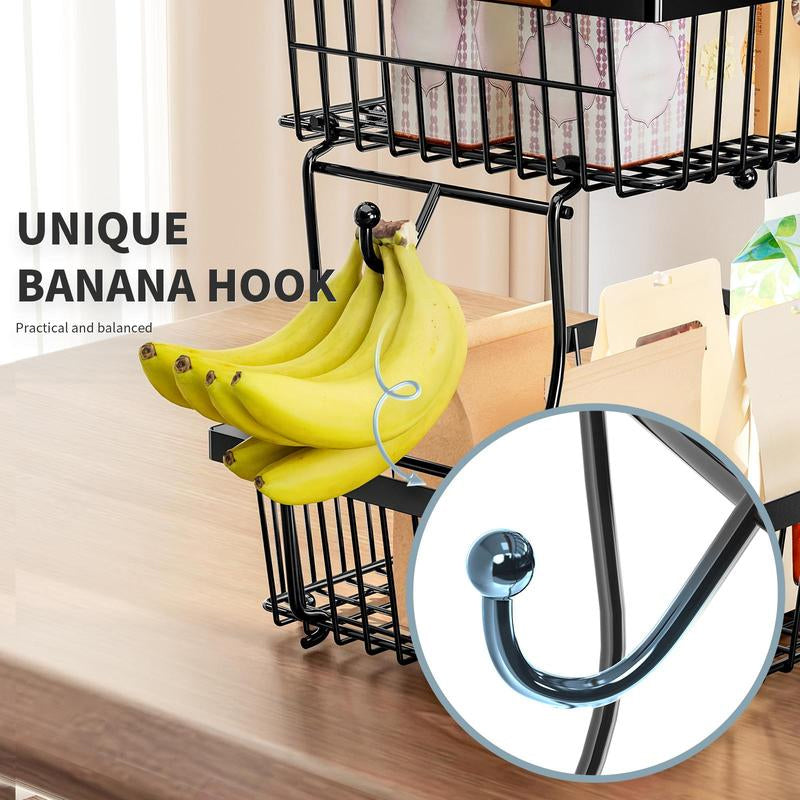 Space Saving 2 Tier Metal Fruit Stand with Hanging Hooks