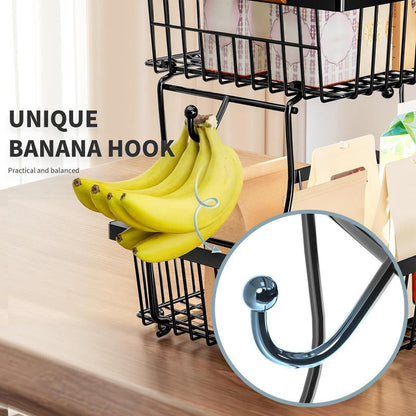 Space Saving 2 Tier Metal Fruit Stand with Hanging Hooks