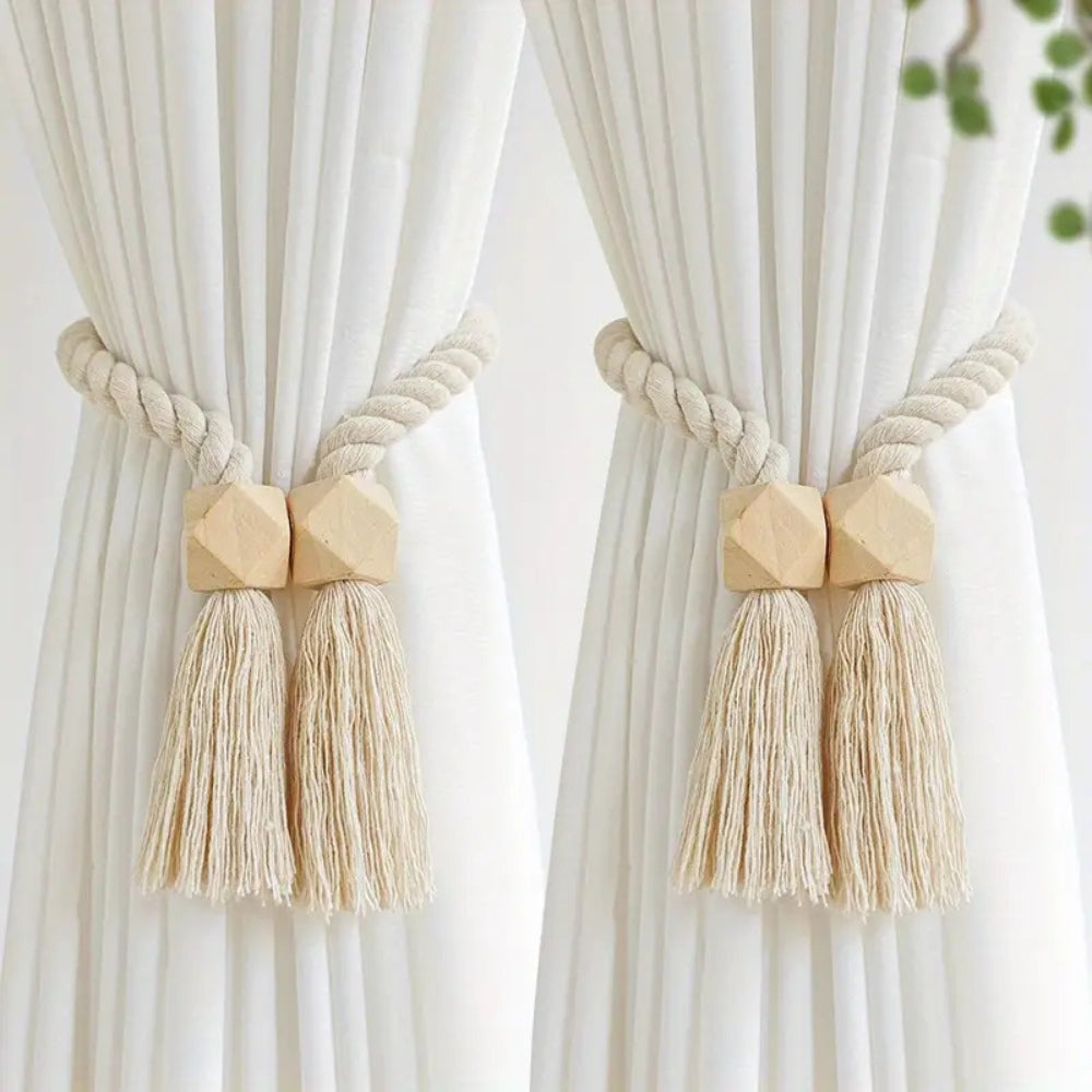 Natural Wooden Tassel Curtain Holders (Pair)