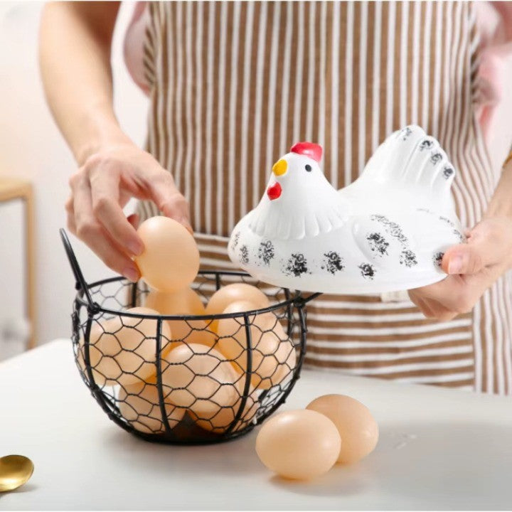 Farm Fresh Ceramic Egg Holder with Metal Basket