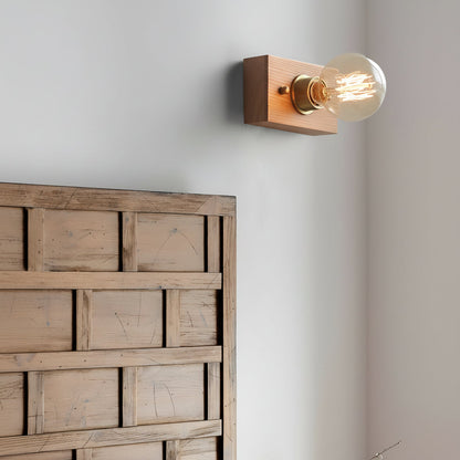 Rustic Wooden Bedside Wall Light with Pull Chain