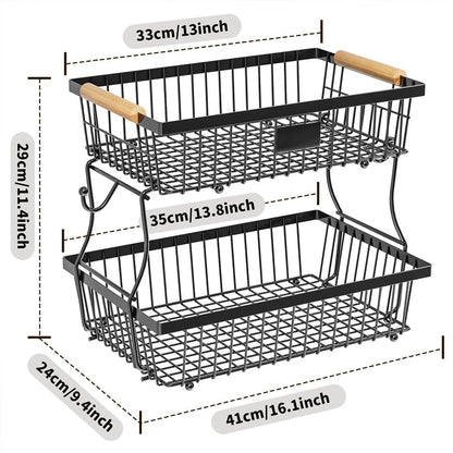 Space Saving 2 Tier Metal Fruit Stand with Hanging Hooks