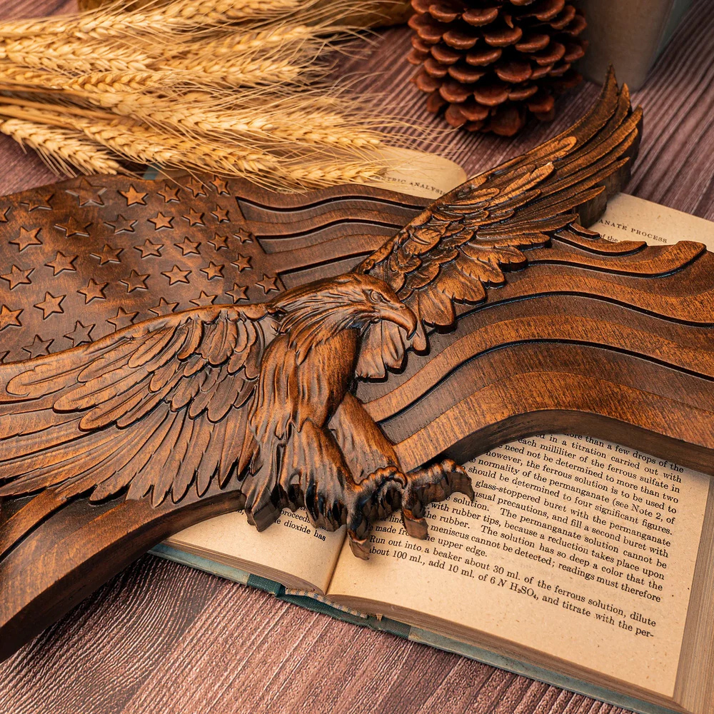 USA Flag Wooden Wall Decor Handcrafted Eagle Emblem