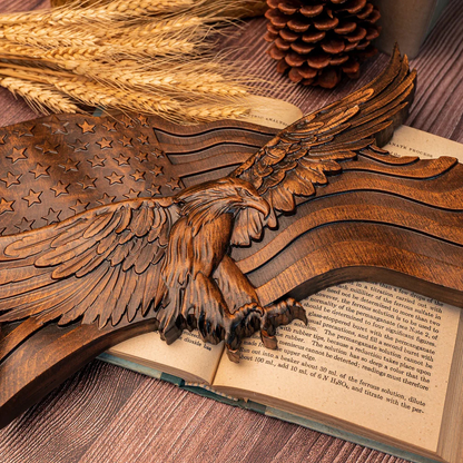 USA Flag Wooden Wall Decor Handcrafted Eagle Emblem