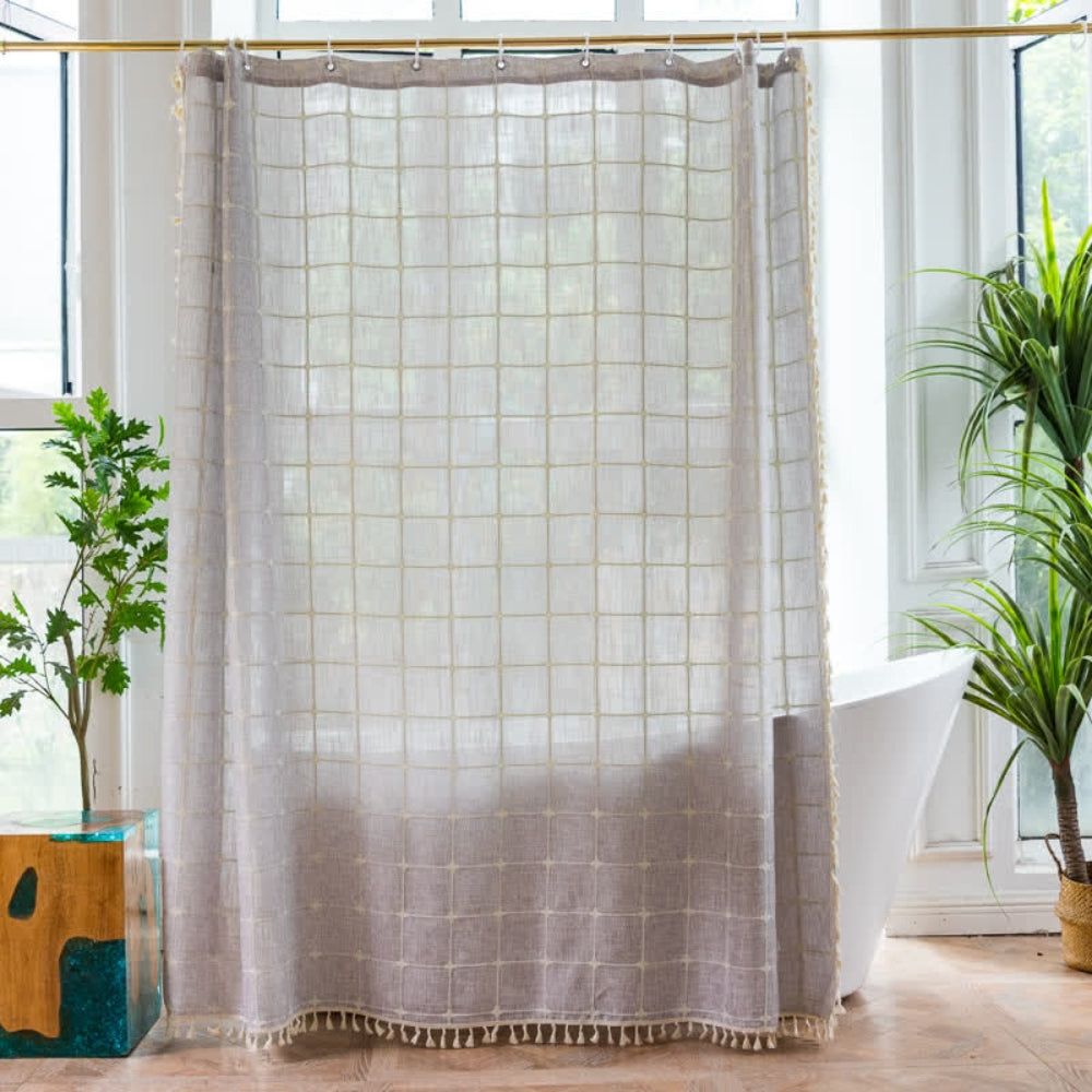 Colorful Checkered Shower Curtain with Tassels Waterproof Bathroom