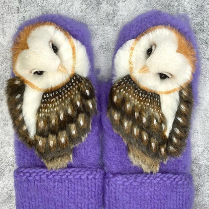Warm Woolen Winter Mittens with Owl Design