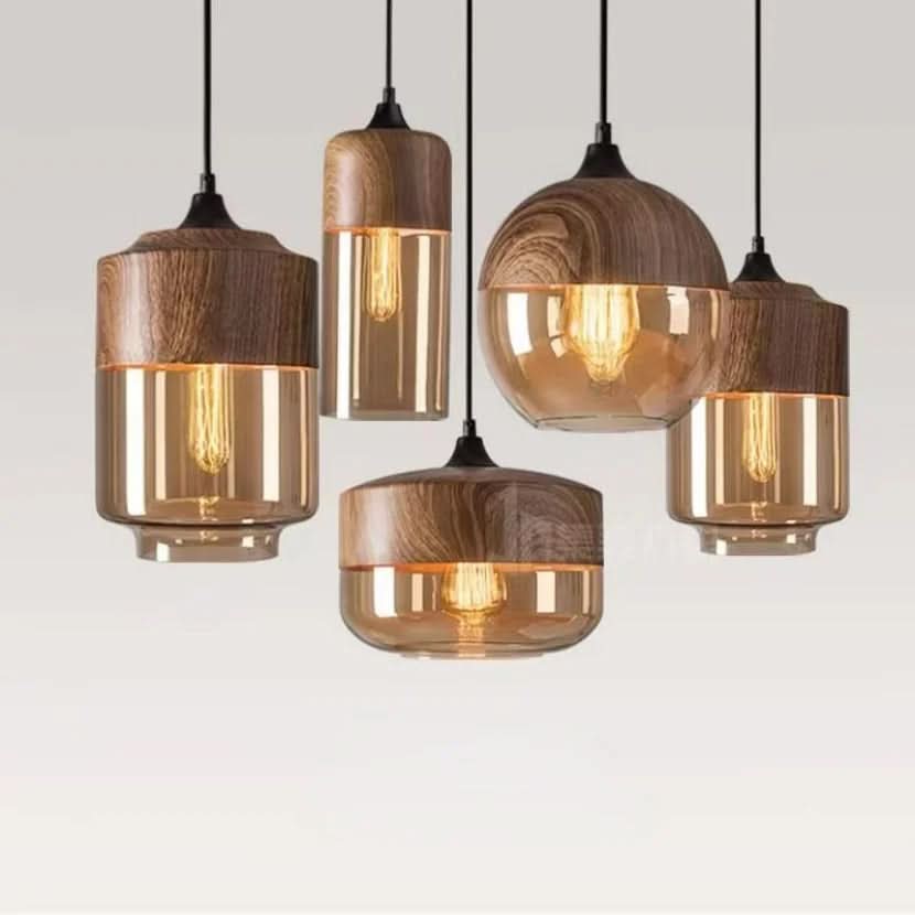 Unique Wooden Glass Hanging Lamp Adjustable