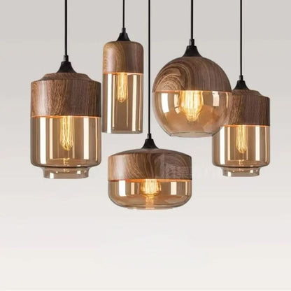 Unique Wooden Glass Hanging Lamp Adjustable