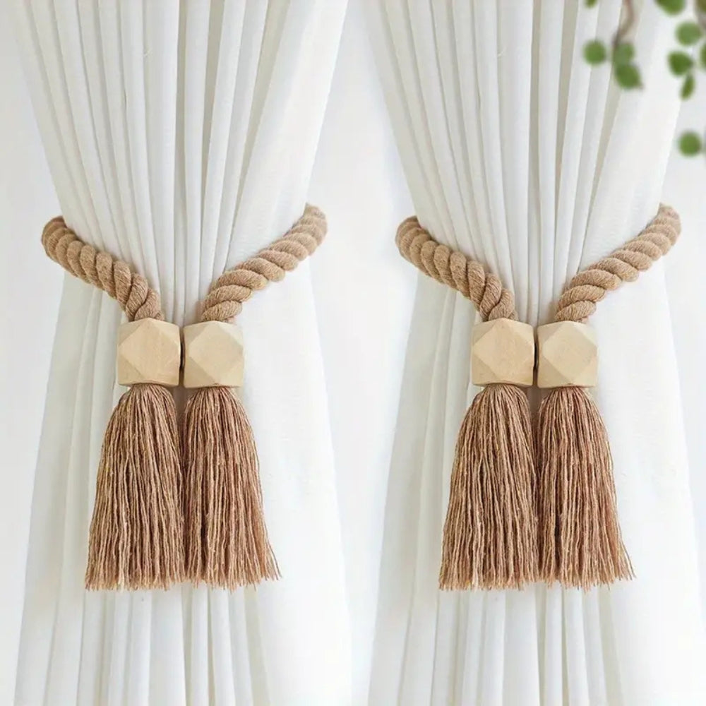 Natural Wooden Tassel Curtain Holders (Pair)