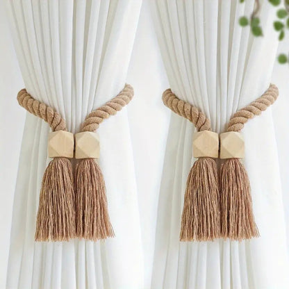Natural Wooden Tassel Curtain Holders (Pair)