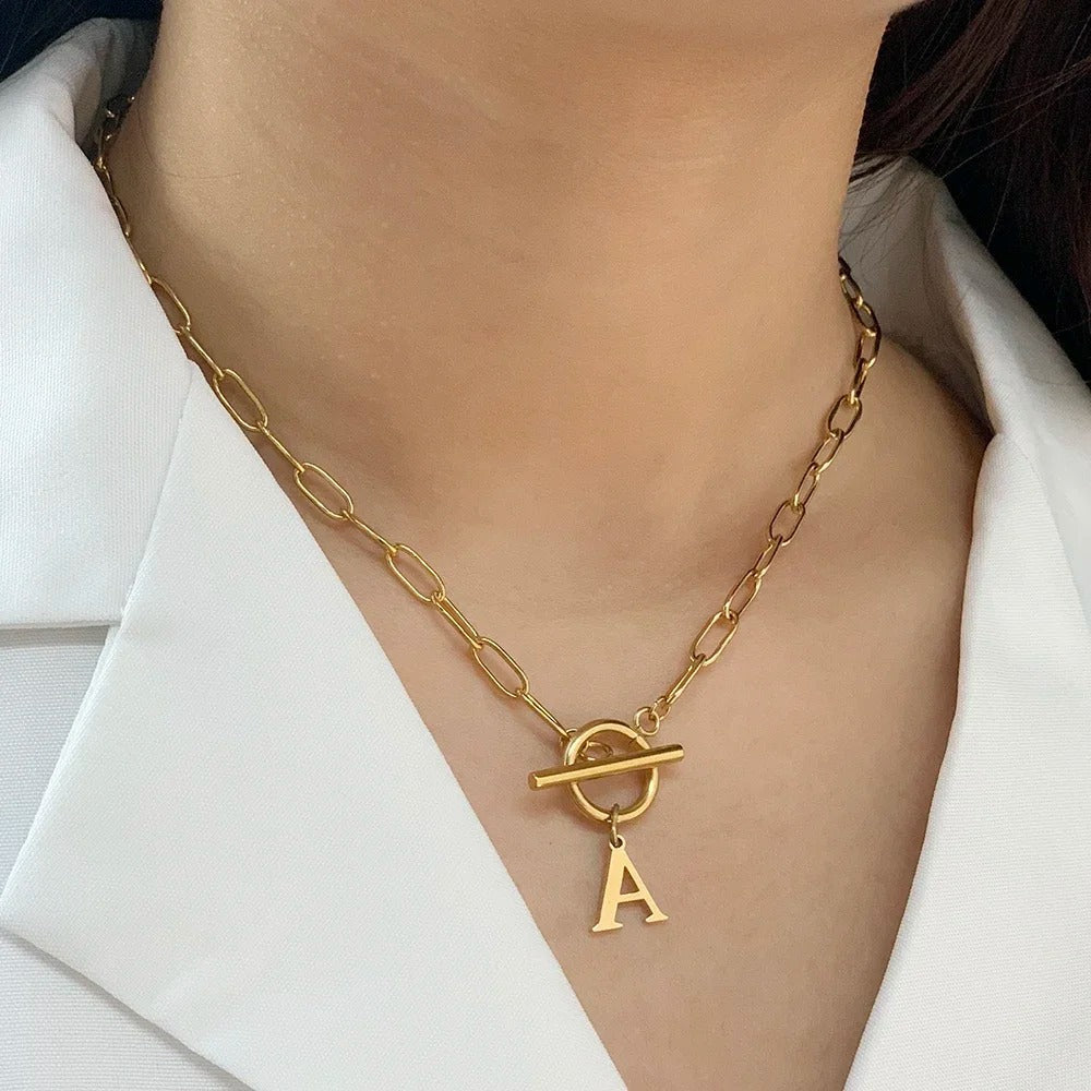Simple Initial Circle Paperclip Lock Necklace