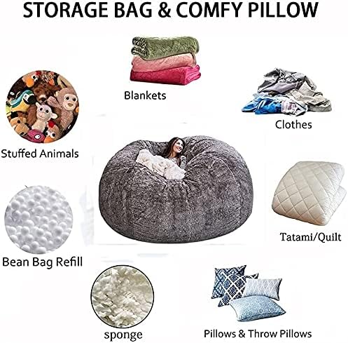 Plush 5ft Faux Fur Bean Bag Chair Cover - Soft Lounge Cushion