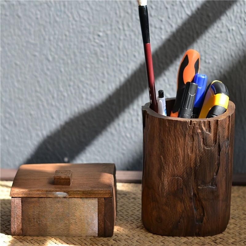 Rustic Wooden Desk Pen Holder - Natural Wooden Finish
