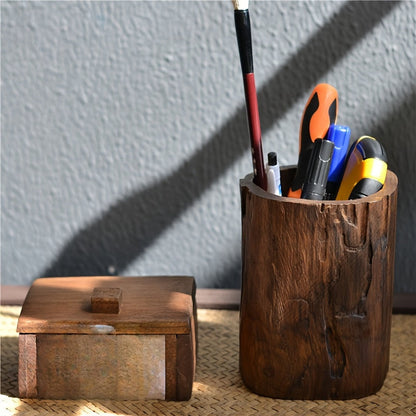 Rustic Wooden Desk Pen Holder - Natural Wooden Finish