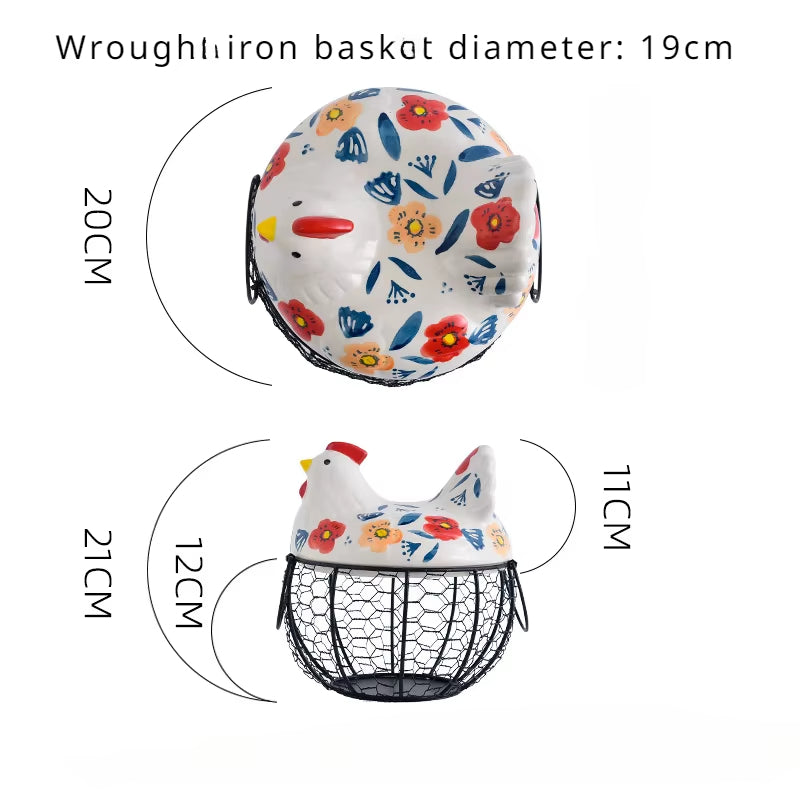 Farm Fresh Ceramic Egg Holder with Metal Basket