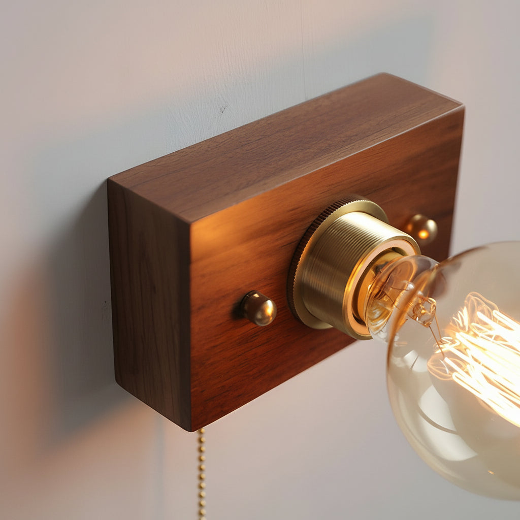 Rustic Wooden Bedside Wall Light with Pull Chain