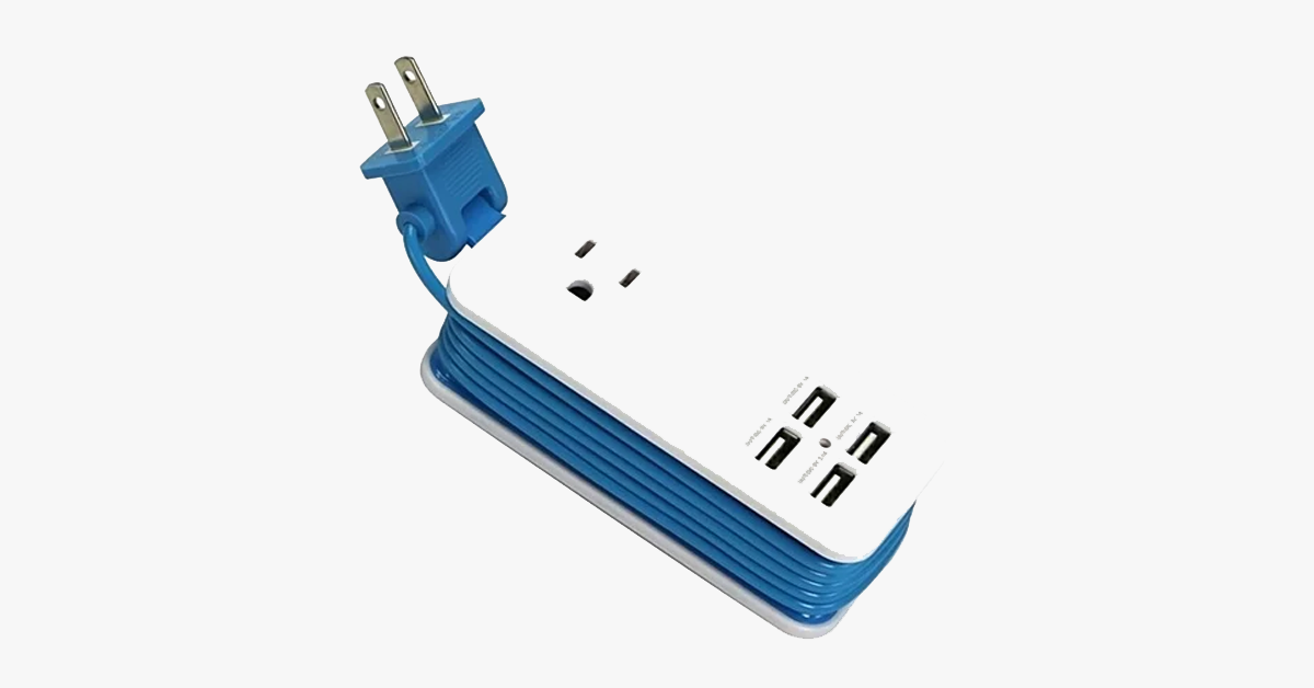 Compact Travel Charger with 4 USB Ports & Long Cable