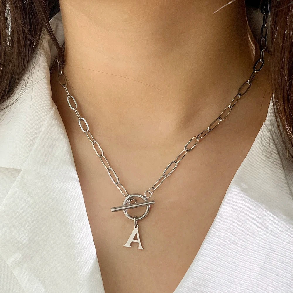 Simple Initial Circle Paperclip Lock Necklace
