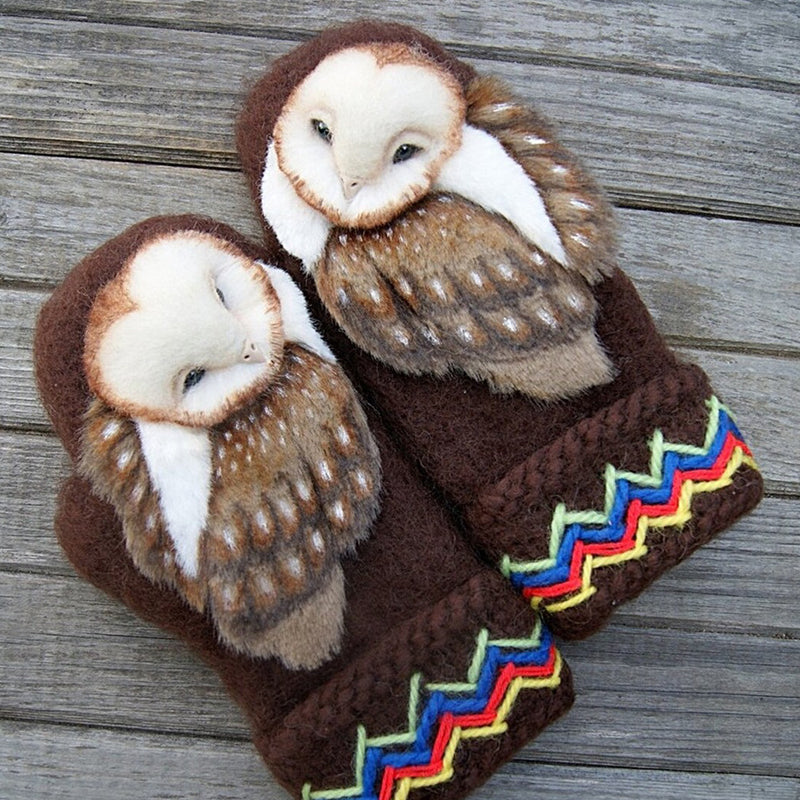 Warm Woolen Winter Mittens with Owl Design