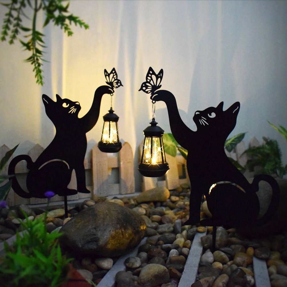 Outdoor Solar Powered Black Cat LED Lantern Lights