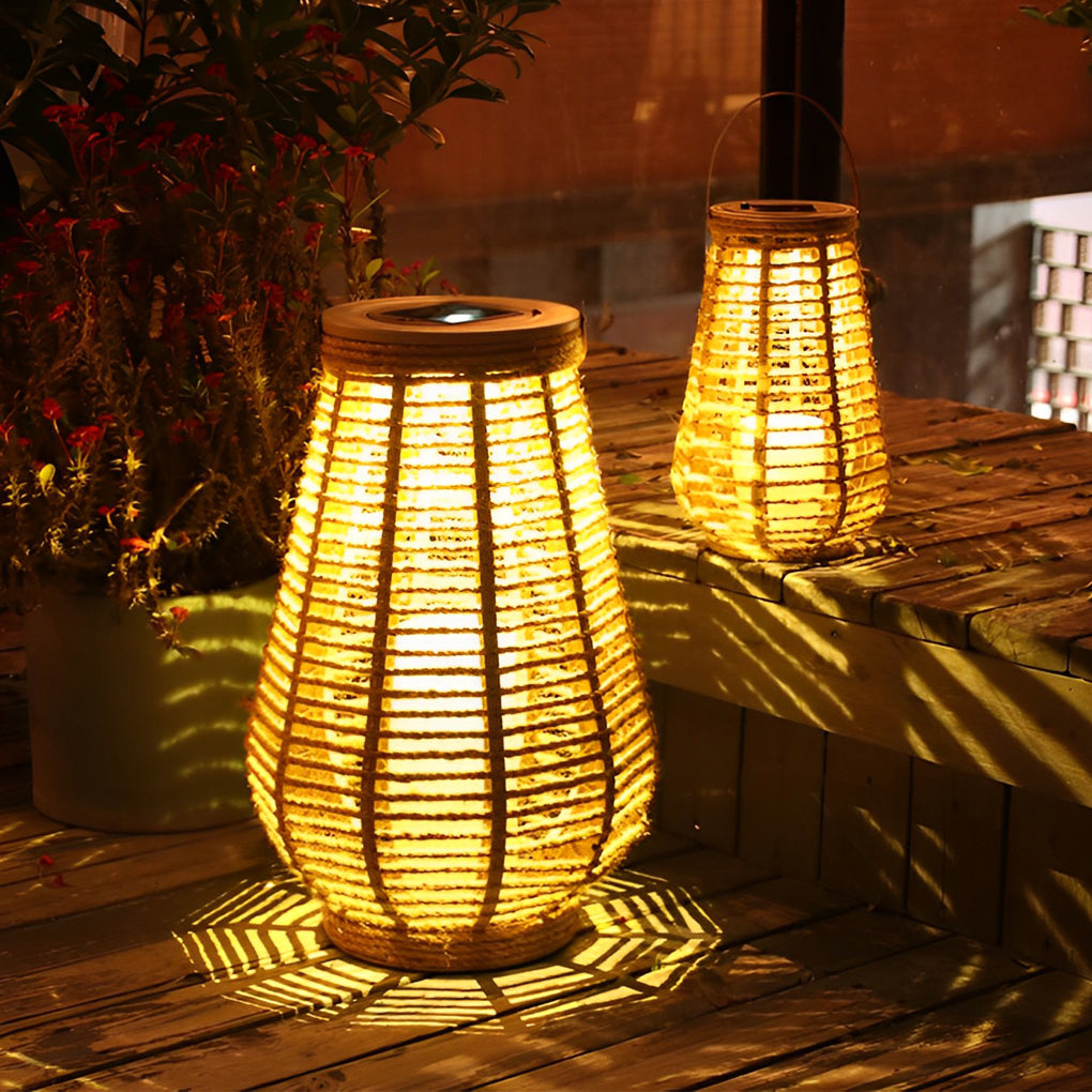 Outdoor Solar Powered Lanterns Waterproof Rattan Brown Lights